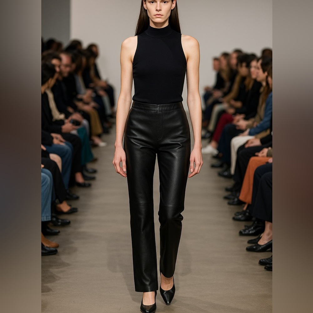 Clio Vintage Genuine Leather Pants  Flat Front, Side Zip Classic Black Size 12